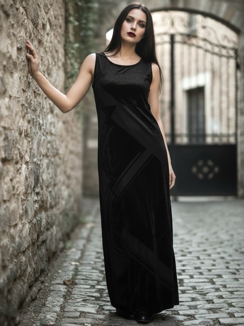 DKNY - Y2K 90s Sleeveless Geometric Whimsigoth Round Neck Velvet Mesh Maxi Dress